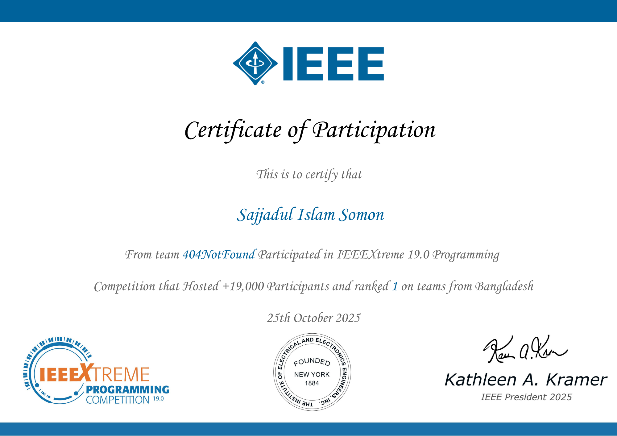 1st Place in BD - IEEEXtreme 19.0! Programming Competition